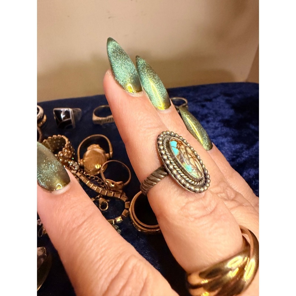 Southwestern Turquoise Matrix Oval Statement Ring Sterling Silver Rope Band - Picture 3 of 4
